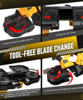 Tool-free blade change instructions for Cordless Portable Band Saw With Two And A Half Inch Cutting Capacity, 20V Brushless Power Works With 20V Batteries Not Included.