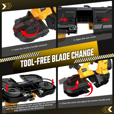 Tool-free blade change instructions for Cordless Portable Band Saw With Two And A Half Inch Cutting Capacity, 20V Brushless Power Works With 20V Batteries Not Included.