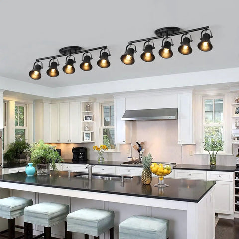 Five Light Track Lighting Kit With Adjustable Heads In Industrial Black installed in modern kitchen