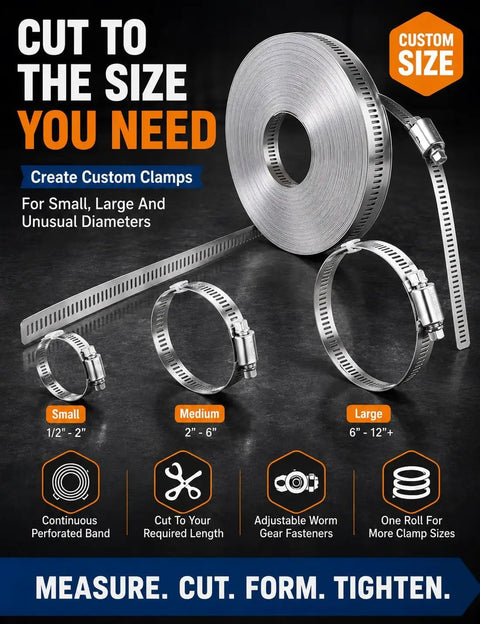 Buy Custom Cut Stainless Steel Hose Clamp By The Foot Roll For Pipe And Radiator Hosing With Heavy Duty Worm Gear Screw Lock For Any DIY Fix Or Pro Job On Ducts And Tubes, 304 stainless steel roll, custom sizes