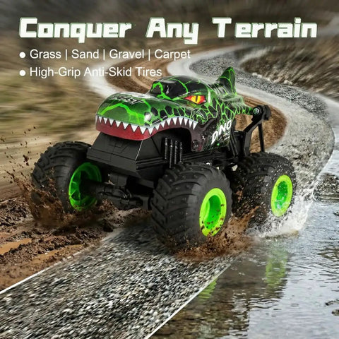 Dino Monster Truck RC With LED Lights And Roaring Sound, 1 To 20 Scale All Terrain Off Road Toy Vehicle, 2 4GHz Remote