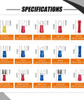 Specifications chart showing a variety of insulated wire connectors for the Crimping Tool Kit With 280 Insulated Wire Connectors For AWG 23-13 0.25-2.5mm2 Heavy Duty Pliers Set Butt Ring Spade Quick Disconnect Terminals And Cable Lugs Assortment For Electronics And Auto Wiring.