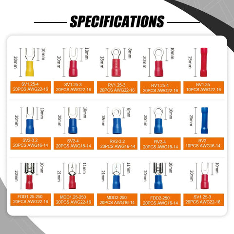Specifications chart showing a variety of insulated wire connectors for the Crimping Tool Kit With 280 Insulated Wire Connectors For AWG 23-13 0.25-2.5mm2 Heavy Duty Pliers Set Butt Ring Spade Quick Disconnect Terminals And Cable Lugs Assortment For Electronics And Auto Wiring.