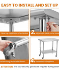 Installation steps of Mobile 30 By 24 Inch NSF Stainless Steel Workbench With Four Wheels And Hooks, Adjustable Height shown.