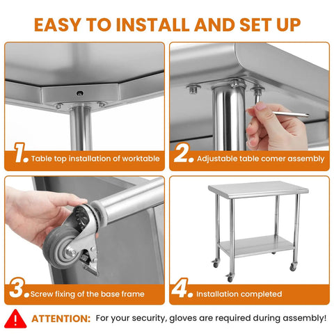 Installation steps of Mobile 30 By 24 Inch NSF Stainless Steel Workbench With Four Wheels And Hooks, Adjustable Height shown.