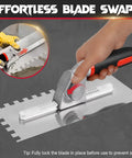 Pro Grade Versatile Tile Trowel Set With 6 Interchangeable Notched Blades And Quick Lock Handle in use for easy blade swap.