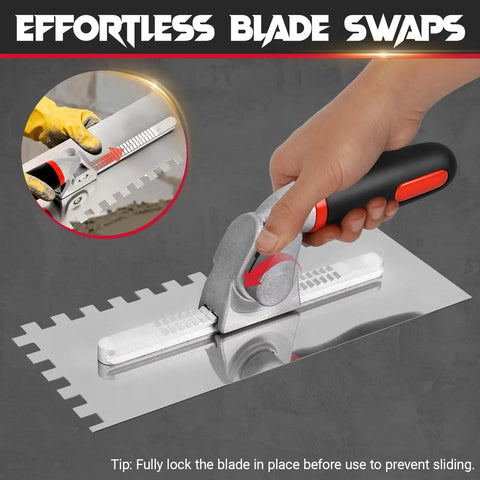 Pro Grade Versatile Tile Trowel Set With 6 Interchangeable Notched Blades And Quick Lock Handle in use for easy blade swap.