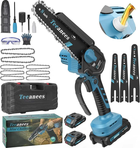 Cordless Mini Chainsaw With Dual 8 Inch And 6 Inch Guide Bars, 1000W Battery Powered Saw With Two Batteries And Eight Chains For Quick Wood Cutting, Tree Trimming, Yard Cleanup, Camp Gear, Blue