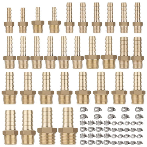 Brass Hose Barb Fittings Kit With 32 Pieces And 46 Clamps For Water Fuel And Air Lines in various sizes and adapters.