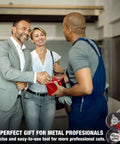 Three people exchanging a gift box, promoting the Drill Powered Sheet Metal Nibbler Attachment For Steel, Aluminum, Copper And Iron.