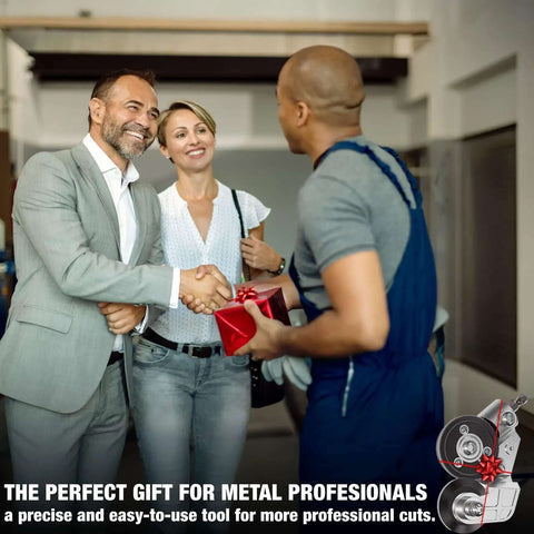 Three people exchanging a gift box, promoting the Drill Powered Sheet Metal Nibbler Attachment For Steel, Aluminum, Copper And Iron.