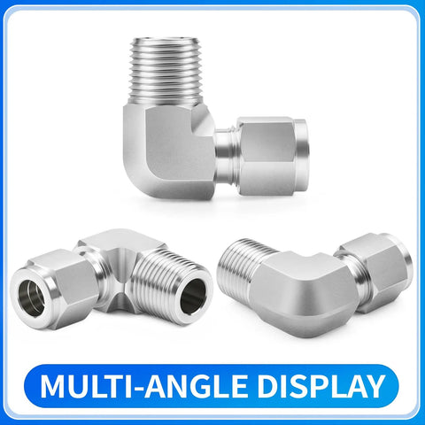 304 Stainless Steel 3/8 Inch Tube OD To 1/4 Inch NPT Male 90 Degree Elbow Compression Fitting Union Connector, multi-angle view