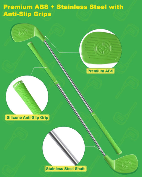 Backyard Golf Game Set For Adults featuring 36 inch clubs with green ABS plastic heads and stainless steel shafts.