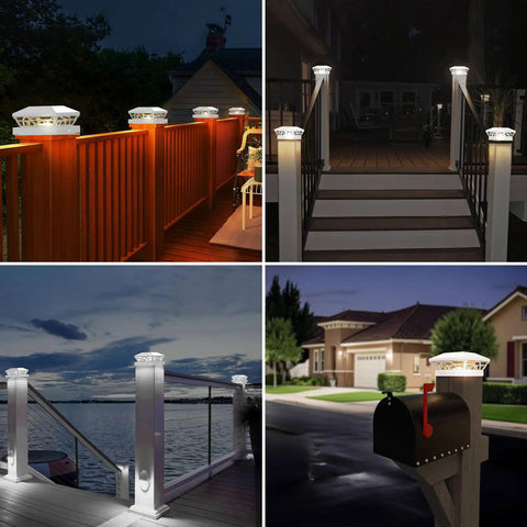 Solar Post Cap Lights 6 Pack For Wood And Vinyl Posts 3.5x3.5 To 5.5x5.5 Outdoor Waterproof Fence Deck Lighting illuminated at night