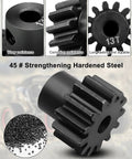 Front view of two 13T, 32-pitch hardened steel RC pinion gears for RC cars