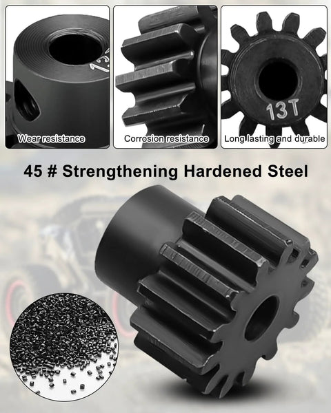 Front view of two 13T, 32-pitch hardened steel RC pinion gears for RC cars