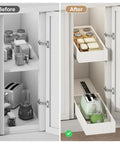 Before and after views of kitchen cabinet with Total Game Changer Expandable Pull Out Cabinet Organizer for deep storage.