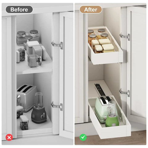 Before and after views of kitchen cabinet with Total Game Changer Expandable Pull Out Cabinet Organizer for deep storage.
