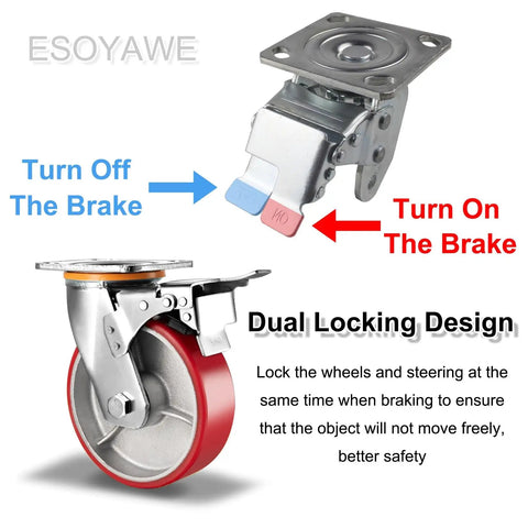 Heavy Duty Swivel Caster Set Of Four With Locking Brakes Silent Polyurethane Wheels showcasing dual locking design with brake mechanism.