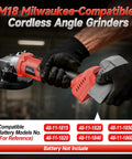 Cordless Angle Grinder With 18V Battery Compatibility, 3-Variable Speed Brushless Motor Up To 8500 RPM, shown with M18 compatibility chart
