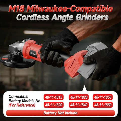 Cordless Angle Grinder With 18V Battery Compatibility, 3-Variable Speed Brushless Motor Up To 8500 RPM, shown with M18 compatibility chart