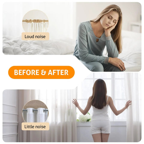 Comparison of curtain setups with loud noise vs little noise using 50 Pack Curtain Grommets 40mm Inner Diameter Plastic Silver Drapery Rings