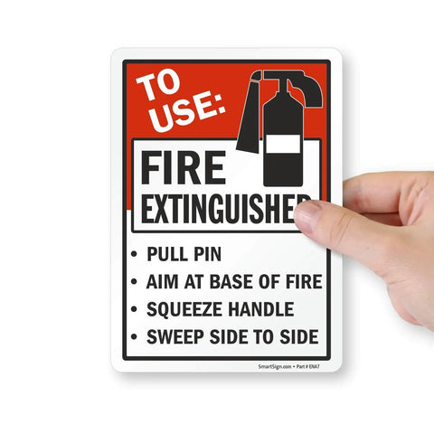 7x5 Inch Fire Extinguisher Instruction Stickers Pack, Pull Pin, Aim at Base, Squeeze Handle, 5 Mil Laminated Polyester With SuperStick Adhesive, Red Black White, Made in USA