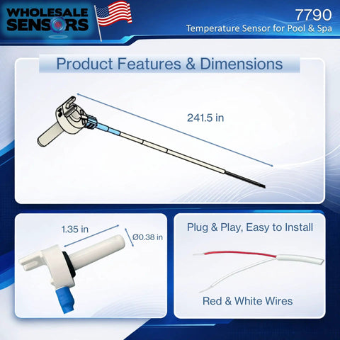 Pro Grade Temperature Sensor Probe Replacement For 7790 Pool And Spa, Easy Direct Fit, Accurate Water Temperature Readings, Compatible With 7790 OEM Sensors, Durable And Reliable Performance For Consistent Readouts. 7790 pool spa probe, 24.15 in, red and white wires