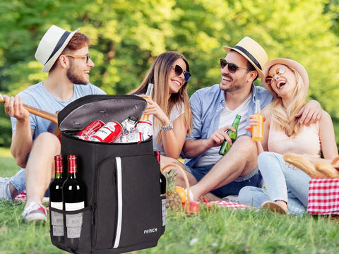 Group of friends enjoying a picnic with Leakproof Insulated Backpack Cooler Bag For Work Or Play Grab And Go Lightweight Waterproof