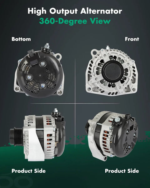 170 Amp High Output Alternator Replacement For Chevy Silverado 1500 2014-2018 shown in bottom, front, and side views