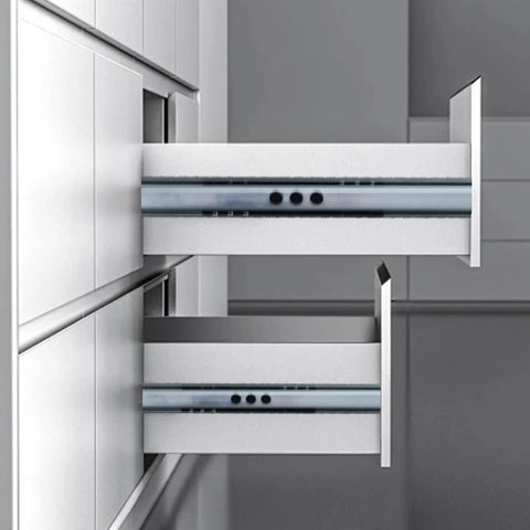 Two Pack 12 Inch Metal Drawer Slides Two Way Tracks With Mounting Screws For Easy Install No Fuss Durability Cold Rolled Steel Construction Fits Most Cabinets And Furniture Projects installed on a white cabinet drawer
