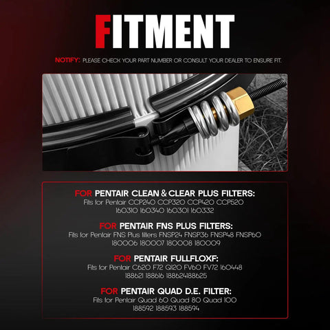 Close-up of Tension Control Clamp Kit 190003 for various Pentair pool filters showing fitment details.