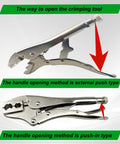 Hose Crimping Tool With Two Dies And Two Openings For One Quarter Inch And Three Sixteenth Inch Hoses, open handle view