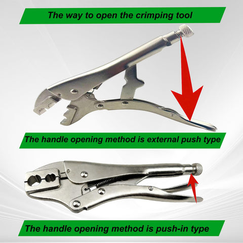 Hose Crimping Tool With Two Dies And Two Openings For One Quarter Inch And Three Sixteenth Inch Hoses, open handle view