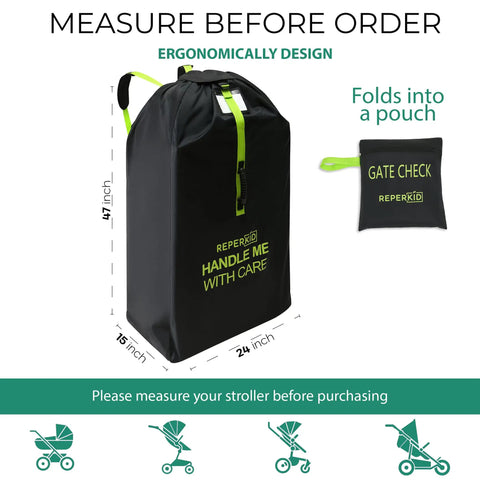 Large Stroller Travel Bag For Airplane Use Waterproof Nylon Construction Fits Most Large Single Double And Jogging Strollers Black And Green 47 H X 24 W X 15 D With Premium Tear Resistant Cover And Adjustable Shoulder Straps with pouch