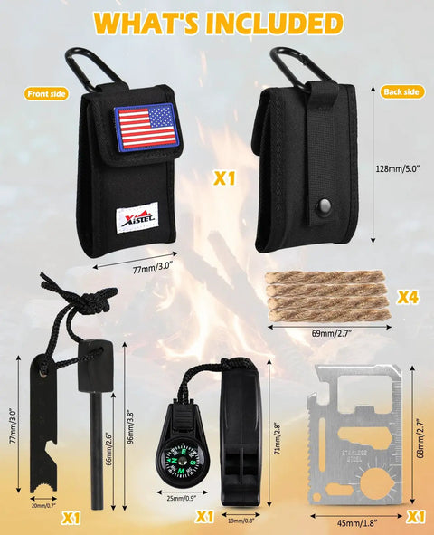 5 In 1 Fire Starter Kit For Outdoor Gear With Ferro Rod Flint And Steel Emergency Whistle Credit Card Multitool Compass Contents