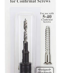 Packaging of 5 X 40mm Confirmat Screw Kit With Two Step Countersink Pilot Point Bit One Quarter Inch Hex Shank Three Point Five Millimeter HSS Brad Point Drill Countersink And Counterbore Set For Easy Wood Assembly USA Made.