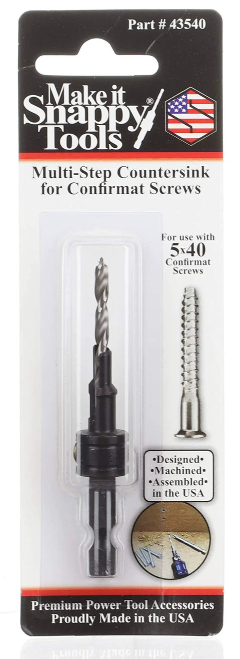 Packaging of 5 X 40mm Confirmat Screw Kit With Two Step Countersink Pilot Point Bit One Quarter Inch Hex Shank Three Point Five Millimeter HSS Brad Point Drill Countersink And Counterbore Set For Easy Wood Assembly USA Made.