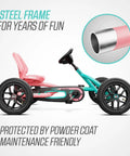 Side view of pedal go kart showing durable steel frame and pink adjustable seat, designed for kids and adults, outdoor fun.