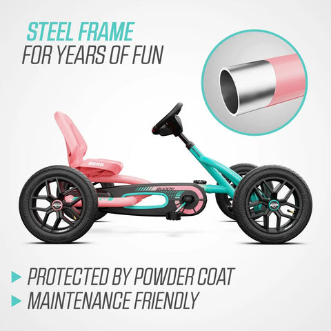 Side view of pedal go kart showing durable steel frame and pink adjustable seat, designed for kids and adults, outdoor fun.