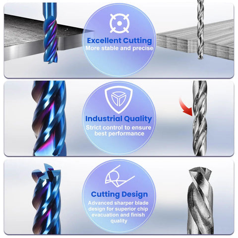 Image displaying Beefy 5-Piece Carbide End Mill Set for CNC Router Bits showing cutting performance, industrial quality, and design features.