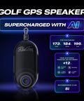 Player Go Golf GPS Speaker With AI Power, compact handheld design, displayed with yardage and club recommendations