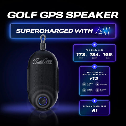 Player Go Golf GPS Speaker With AI Power, compact handheld design, displayed with yardage and club recommendations