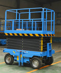 Heavy Duty Electric Scissor Lift Platform Featuring Smooth Hydraulic Action For Mobile Warehouse Cargo Hoisting And Adjustable Height, blue with black wheels.