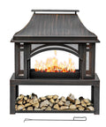 39 Inch Fire Pit With Wood Storage For Outside Large Wood Burning Outdoor Fireplace With Chimney Mesh Spark Screen And Fire Poker