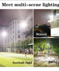 JUDYSSY Solar Light40W 60W 100W 200W illuminating football field, street, and patio, showcasing its versatility for outdoor lighting.