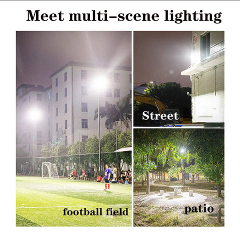 JUDYSSY Solar Light40W 60W 100W 200W illuminating football field, street, and patio, showcasing its versatility for outdoor lighting.