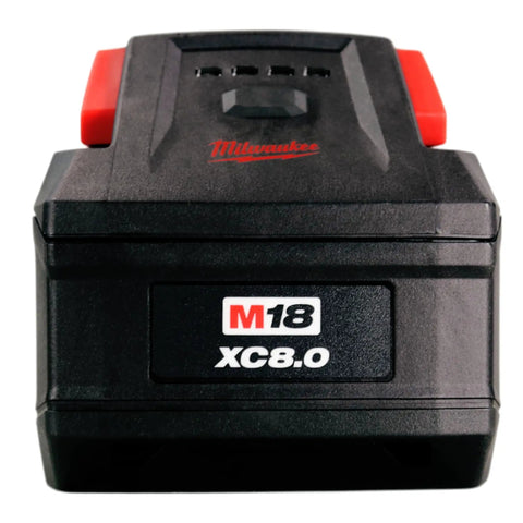 Front view of M18 RedLithium High Output 18V 8.0Ah Lithium-Ion Battery Pack for Cordless Power Tools, showing XC8.0 label.