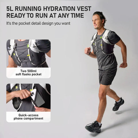 Man running wearing 5L Hydration Running Vest With Dual 500ml Soft Flasks, Lightweight Nylon Pack, Adjustable Chest Straps, Breathing Mesh