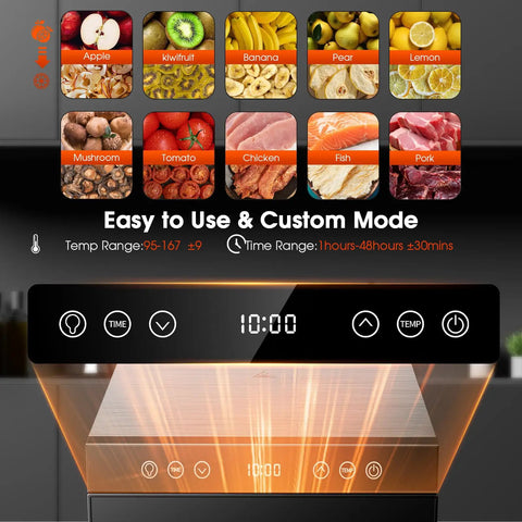 Heavy Duty Food Dehydrator With 650 Watt Motor And Eight Stainless Steel Trays Featuring adjustable temp and timer controls for fruits and meats.